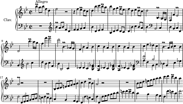 
\version "2.18.2"
\header {
  tagline = ##f
  % composer = "Domenico Scarlatti"
  % opus = "K. 410"
  % meter = "Allegro"
}

%% les petites notes
trillBesUp       = { \tag #'print { bes'4\prall } \tag #'midi { c32 bes c bes~ bes8 } }
trillBespDown    = { \tag #'print { bes,4.\prall } \tag #'midi { c32 bes c bes~ bes4 } }
trillBespUpUp    = { \tag #'print { bes''4.\prall } \tag #'midi { c32 bes c bes~ bes4 } }
trillBesq        = { \tag #'print { bes8\prall } \tag #'midi { c32 bes c bes } }
trillEes         = { \tag #'print { ees4\prall } \tag #'midi { f32 ees f ees~ ees8 } }
trillFq          = { \tag #'print { f8\prall } \tag #'midi { g32 f g f } }
trillE           = { \tag #'print { e4\prall } \tag #'midi { f32 e f e~ e8 } }
trillC           = { \tag #'print { c4\prall } \tag #'midi { d32 c d c~ c8 } }
trillBesp        = { \tag #'print { bes4.\prall } \tag #'midi { c32 bes c bes~ bes4 } }
trillAb          = { \tag #'print { a2\prall } \tag #'midi { bes32 a bes a~ a8~ a4 } }
trillEesb        = { \tag #'print { ees2\prall } \tag #'midi { f32 ees f ees~ ees8~ ees4 } }
trillDq          = { \tag #'print { d8\prall } \tag #'midi { ees32 d ees d } }


upper = \relative c'' {
  \clef treble 
  \key bes \major
  \time 2/2
  \tempo 2 = 82
  \set Staff.midiInstrument = #"harpsichord"
  \override TupletBracket.bracket-visibility = ##f

      s8*0^\markup{Allegro}
      \trillBesUp a8 bes f4 d | f2 r2 | r4 f4 \trillEes d8 c | d4 bes' c \trillBesq a8 |
      % ms. 5
      bes4 f g \trillFq ees8 | f4 d ees \trillDq c8 | d2 \trillBespDown a16 g | f4 f' \trillEesb | d2 \trillBespUpUp a16 g |
      % ms. 10
      f4 f' \trillEesb | d2 \trillBespDown aes16 g | f4 \repeat unfold 3 { bes4 a bes | c }
      % ms. 15 suite
      ees4 des c | \trillBesp a16 bes c4 bes | \trillAb r2 | R1 | \times 2/3 { bes,8 c d } \omit TupletNumber  \times 2/3 { e8[ f g] } a4 bes |
      % ms. 20
      c4 d \trillC bes4 | a2 r2 | R1 | \times 2/3 { bes8 c d } \times 2/3 { e8[ f g] } a4 bes | c d \trillC bes4 |
      % ms. 25
      a4

}

lower = \relative c' {
  \clef bass
  \key bes \major
  \time 2/2
  \set Staff.midiInstrument = #"harpsichord"
  \override TupletBracket.bracket-visibility = ##f

    % ************************************** \appoggiatura a16  \repeat unfold 2 {  } \times 2/3 { }   \omit TupletNumber 
      R1 |   \clef treble  \trillBesUp a8 bes f4 d | f f g a | bes d, es f |
      % ms. 5
      bes,4 d ees d8 c | d4 bes' c bes8 a | bes4   \clef bass bes,,2 c4 | d bes c f, | bes \clef treble bes''2 c4 | 
      % ms. 10
      d4 bes c f, bes bes,2 c4 | des \repeat unfold 2 { des4 c < bes ees ges > | < a f' > } des c < bes ees ges > |   \clef bass
      % ms. 15
      << { f'2 bes, } \\ { a4 f bes, c } >> des4 bes ees ges | f2 \times 2/3 { f,8 g a } \omit TupletNumber  \times 2/3 { bes8[ c d] } | e4 f \trillE d4 | c bes a g |
      % ms. 20
      f4 f' e c | f f, \times 2/3 { f'8 g a } \omit TupletNumber  \times 2/3 { bes8[ c d] } | e4 f \trillE d4 | c bes a g | f f' e c |
      % ms. 25
      f2.*1/3

}

thePianoStaff = \new PianoStaff <<
    \set PianoStaff.instrumentName = #"Clav."
    \new Staff = "upper" \upper
    \new Staff = "lower" \lower
  >>

\score {
  \keepWithTag #'print \thePianoStaff
  \layout {
      #(layout-set-staff-size 17)
    \context {
      \Score
     \override SpacingSpanner.common-shortest-duration = #(ly:make-moment 1/2)
      \remove "Metronome_mark_engraver"
    }
  }
}

\score {
  \keepWithTag #'midi \thePianoStaff
  \midi { }
}
