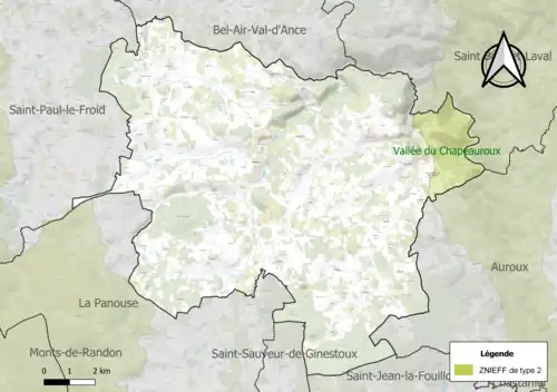 Carte de la ZNIEFF de type 2 sur la commune.