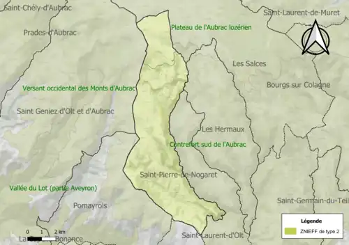 Carte des ZNIEFF de type 2 sur la commune.