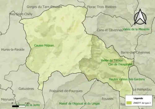 Carte des ZNIEFF de type 2 sur la commune.