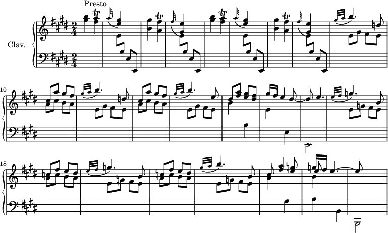 \version "2.18.2"
\header {
tagline = ##f
% composer = "Domenico Scarlatti"
% opus = "K. 20"
% meter = "Presto"
}
%% les petites notes
trillFisAccord = { \tag #'print { << { \stemDown fis'4\trill } \\ { a,4 } >> } \tag #'midi { << { gis'32 fis gis fis~ fis8 } \\ { a,4 } >> } }
trillAAccord = { \tag #'print { < fis a >4\trill } \tag #'midi { << { b32 a b a~ a8 } \\ { fis4 } >> } }
upper = \relative c'' {
\clef treble
\key e \major
\time 2/4
\tempo 4 = 132
\set Staff.midiInstrument = #"harpsichord"
\override TupletBracket.bracket-visibility = ##f
s8*0^\markup{Presto}
\repeat unfold 2 { < gis' b >4 \trillAAccord | \appoggiatura a32 \stemUp < e gis >4 s4 \stemNeutral | < b gis' >4 \trillFisAccord | \appoggiatura fis'32 \stemUp < gis, e' >4 s4 \stemNeutral } |
% ms. 9
\repeat unfold 2 { \grace { \tempo 4 = 45 gis'32( a } \stemUp \tempo 4 = 132 b4.) d,8 | cis a' gis fis } | \grace { \tempo 4 = 45 gis32( a } \stemUp \tempo 4 = 132 b4.) e,8 | dis < fis a > < e gis > < dis fis > |
% ms. 15
gis16 fis e4 dis8~ | dis e4. | \repeat unfold 2 { \grace { \tempo 4 = 45 e32( fis } \stemUp \tempo 4 = 132 g4.) b,8 | c fis e dis } | \grace { \tempo 4 = 45 gis32( a } \stemUp \tempo 4 = 132 b4.) b,8 |
% ms. 22
cis8 < fis a >4 < e g >8 << { g16 fis e4.~ | e8 } \\ { \shiftOn \stemUp e8 } \\ { \stemDown b4 } >>
% ms. 29
}
lower = \relative c' {
\clef bass
\key e \major
\time 2/4
\set Staff.midiInstrument = #"harpsichord"
\override TupletBracket.bracket-visibility = ##f
% ************************************** \appoggiatura a8 \repeat unfold 2 { } \times 2/3 { } \omit TupletNumber
\repeat unfold 4 { s2 | \stemDown \change Staff = "upper" e8 \stemUp \change Staff = "lower" b e, e, } |
% ms. 9
\repeat unfold 2 { \stemDown \change Staff = "upper" e''8 gis fis e | a cis b a } | e8 gis fis e | b'4 \change Staff = "lower" b, \stemDown \change Staff = "upper" |
% ms. 15
e4 \change Staff = "lower" e, | e,2 | \repeat unfold 2 { \stemDown \change Staff = "upper" e''8 g fis e | a c b a } | e8 g fis e |
% ms. 22
a4 \stemNeutral \change Staff = "lower" a, | b b, | b,2 |
% ms. 29
}
thePianoStaff = \new PianoStaff <<
\set PianoStaff.instrumentName = #"Clav."
\new Staff = "upper" \upper
\new Staff = "lower" \lower
>>
\score {
\keepWithTag #'print \thePianoStaff
\layout {
#(layout-set-staff-size 17)
\context {
\Score
\override SpacingSpanner.common-shortest-duration = #(ly:make-moment 1/2)
\remove "Metronome_mark_engraver"
}
}
}
\score {
\keepWithTag #'midi \thePianoStaff
\midi { }
}