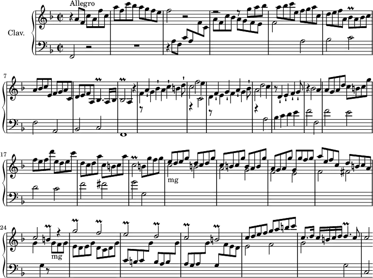 
\version "2.18.2"
\header {
  tagline = ##f
  % composer = "Domenico Scarlatti"
  % opus = "K. 418"
  % meter = "Allegro"
}

%% les petites notes
trillBesq     = { \tag #'print { bes8\prall } \tag #'midi { c32 bes c bes } }
trillBesp     = { \tag #'print { bes4.\prall } \tag #'midi { c32 bes c bes~ bes4 } }
trillBesb     = { \tag #'print { bes2\prall } \tag #'midi { c32 bes c bes~ bes8~ bes4 } }
trillCbDown   = { \tag #'print { c,2\prall } \tag #'midi { d32 c d c~ c8~ c4 } }
trillB        = { \tag #'print { b4\prall } \tag #'midi { c32 b c b~ b8 } }
trillGbUp     = { \tag #'print { g'2\prall } \tag #'midi { a32 g a g~ g8~ g4 } }
trillFb       = { \tag #'print { f2\prall } \tag #'midi { g32 f g f~ f8~ f4 } }
trillEb       = { \tag #'print { e2\prall } \tag #'midi { f32 e f e~ e8~ e4 } }
trillDb       = { \tag #'print { d2\prall } \tag #'midi { e32 d e d~ d8~ d4 } }
trillCb       = { \tag #'print { c2\prall } \tag #'midi { d32 c d c~ c8~ c4 } }
trillBb       = { \tag #'print { b2\prall } \tag #'midi { c32 b c b~ b8~ b4 } }
trillDp       = { \tag #'print { d4.\prall } \tag #'midi { e32 d e d~ d4 } }

upper = \relative c'' {
  \clef treble 
  \key f \major
  \time 2/2
  \tempo 2 = 72
  \set Staff.midiInstrument = #"harpsichord"
  \override TupletBracket.bracket-visibility = ##f

      s8*0^\markup{Allegro}
      r4 a8 f c' a f' c | a' f c' bes a g f e | f2 r2 | e2\rest e8\rest g8 a bes | 
      % ms. 5
      a8 bes c e, f g a c, | d e f a, \trillBesq \repeat unfold 2 { a8 bes c } e, f g a c, | d e f a, \trillBesp a16 bes | \trillBesb a4 r4 |
      % ms. 10
      r8 a'4-! bes-! c-! d8-! | r4 f2 e4 | r8 f,4-! g-! a-! bes8-! | r4 d2 c4 | r8 d,4-! e-! f-! g8-! |
      % ms. 15
      r4 bes2 a4 | a8 g a d c b c g' | f e f d' e, d e c' | d, c d a' c, b c a' | \trillCbDown b8 g' f g |  \stemUp
      % ms. 20
      e8 d e g d c d g | c, b c g' b, a b g' | a, g a g' g, g' f g | a e f c d b c a | c2 \trillB r4 |
      % ms. 25
      \trillGbUp \trillFb | \trillEb \trillDb | \trillCb \trillBb | c8 d e f g a b c |
      % ms. 29
      c,8. d16 c[ b c d] \trillDp c8 | c2

}

lower = \relative c' {
  \clef bass
  \key f \major
  \time 2/2
  \set Staff.midiInstrument = #"harpsichord"
  \override TupletBracket.bracket-visibility = ##f

    % ************************************** \appoggiatura a16  \repeat unfold 2 {  } \times 2/3 { }   \omit TupletNumber 
      f,,2 r2 R1 | r4 a'8 f c' a \stemDown \change Staff = "upper"  f' c | a' f c' bes a g f e |
      % ms. 5
      f2 \stemNeutral \change Staff = "lower"  a, | bes c | f, a, | bes c | f,1 | \stemDown \change Staff = "upper"
      % ms. 10
      f''4 g a b | c2 c, | d4 e f g | a2 \stemNeutral \change Staff = "lower"  a, | bes4 c d e |
      % ms. 15
      f2 f, | f' e | d c | f fis | g g, | \stemDown \change Staff = "upper" 
      % ms. 20
      c'2_\markup{mg} b | a g | f e | f fis | g4  \stemNeutral \change Staff = "lower" g, r8 \stemDown \change Staff = "upper" g'8_\markup{mg} f g |
      % ms. 25
      e8 d e g d c d g \stemUp  \change Staff = "lower" | 
      c, b c \stemDown \change Staff = "upper" g' \stemUp  \change Staff = "lower" b, a b \stemDown \change Staff = "upper" g' \stemUp  \change Staff = "lower" |
      a, g a \stemDown \change Staff = "upper" g' \stemUp  \change Staff = "lower" g, \stemDown \change Staff = "upper" f' e d |
      e2 f |
      % ms. 29
      g2 \stemNeutral \change Staff = "lower" g, | c,

}

thePianoStaff = \new PianoStaff <<
    \set PianoStaff.instrumentName = #"Clav."
    \new Staff = "upper" \upper
    \new Staff = "lower" \lower
  >>

\score {
  \keepWithTag #'print \thePianoStaff
  \layout {
      #(layout-set-staff-size 17)
    \context {
      \Score
     \override SpacingSpanner.common-shortest-duration = #(ly:make-moment 1/2)
      \remove "Metronome_mark_engraver"
    }
  }
}

\score {
  \keepWithTag #'midi \thePianoStaff
  \midi { }
}
