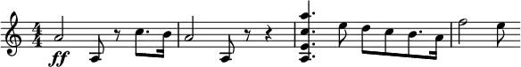  \relative c'' { \clef treble \key a \minor \numericTimeSignature \time 4/4 a2\ff a,8 r8 c'8. b16 a2 a,8 r8 r4 < a'' c, e, a, >4. e8 d[ c b8. a16] f'2 e8 } 