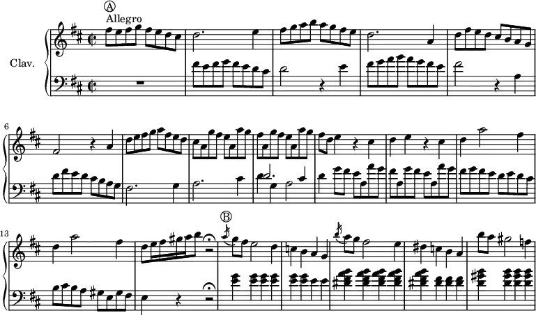 
\version "2.18.2"
\header {
  tagline = ##f
  % composer = "Domenico Scarlatti"
  % opus = "K. 282"
  % meter = "Allegro"
}

%% les petites notes
%trillBesp     = { \tag #'print { bes4.\prall } \tag #'midi { c32 bes c bes~ bes4 } }

upper = \relative c'' {
  \clef treble 
  \key d \major
  \time 2/2
  \tempo 2 = 102

      s8*0^\markup{Allegro}
      s8*0^\markup { \circle { A }}
      fis8 e fis g fis e d cis | d2. e4 | fis8 g a b a g fis e |
      % ms. 4
      d2. | a4 | d8 fis e d cis b a g | fis2 r4 a4 |
      % ms. 7
      d8 e fis g a fis e d | cis \repeat unfold 2 { a g' fis e a, a' g | fis } d e4 r4 cis4 |
      % ms. 11
      d4 e r4 cis4 | \repeat unfold 2 { d a'2 fis4 } | d8 e16 fis gis \tempo 2 = 72 a b8   \tempo 2 = 52 r2\fermata   \tempo 2 = 102
      % ms. 15
      s8*0^\markup { \circle { B }}
      \acciaccatura a16 g8 fis e2 d4 | c b a g | \acciaccatura b'16 a8 g fis2 e4 | dis c b a | b'8 a gis2 f4 |

}

lower = \relative c' {
  \clef bass
  \key d \major
  \time 2/2

    % ************************************** \appoggiatura a16  \repeat unfold 2 {  } \times 2/3 { }   \omit TupletNumber 
      R1 | fis8 e fis g fis e d cis | d2 r4 e4 |
      % ms. 4
      fis8 g a b a g fis e | fis2 r4 a,4 | d8 fis e d cis b a g |
      % ms. 7
      fis2. g4 | a2. cis4 | << { d2. cis4 } \\ { d4 g, a2 } >> | d4 g8 fis e a, a' g |
      % ms. 11
      fis8 a, g' fis e a, a' g | fis g fis e  d e d cis | b cis b a gis e gis fis | e4 r4 r2\fermata |
      % ms. 15
      < e' g >4 q q q | q q e4 e | < dis fis a b >4 q q q | q < dis fis >4 q q | < d gis b >4 q q q |

}

thePianoStaff = \new PianoStaff <<
    \set PianoStaff.instrumentName = #"Clav."
    \new Staff = "upper" \upper
    \new Staff = "lower" \lower
  >>

\score {
  \keepWithTag #'print \thePianoStaff
  \layout {
      #(layout-set-staff-size 17)
    \context {
      \Score
     \override TupletBracket.bracket-visibility = ##f
     \override SpacingSpanner.common-shortest-duration = #(ly:make-moment 1/2)
      \remove "Metronome_mark_engraver"
    }
  }
}

\score {
  \keepWithTag #'midi \thePianoStaff
  \midi { \set Staff.midiInstrument = #"harpsichord" }
}
