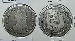 Pièce de 4 réaux (argent) frappée à Quito en 1857.