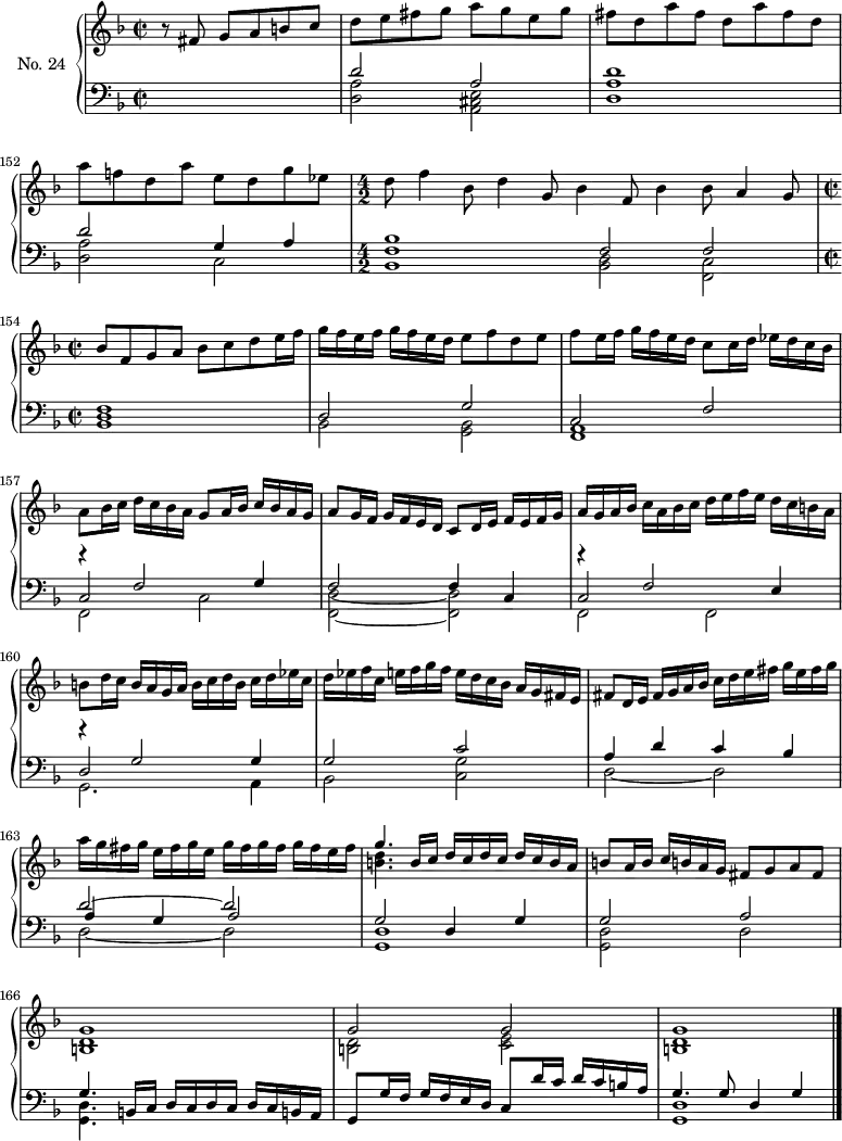 
\version "2.14.2"
\header {
  tagline = ##f
}
upper = \relative c' {
  \clef treble 
  \key f \major
  \time 2/2
  \tempo 2 = 76
  \set Score.currentBarNumber = #150
  \set Staff.midiInstrument = #"harpsichord"

  \partial 2. r8 fis8 g a b! c d e fis g a g e g | fis d a' fis  d a' fis d | a' f! d a' e d g ees
  d8 f4 bes,8 d4 g,8 bes4 f8 bes4 bes8 a4 g8 bes f g a bes c d e16 f
  g16[ f e f] g f e d e8 f d e f e16 | f g[ f e d] c8 c16 d ees[ d c bes] a8 bes16 c d[ c bes a] g8 a16 bes c[ bes a g] 
  a8 g16 f g[ f e d] c8 d16 e f[ e f g] | a[ g a bes] c a bes c d[ e f e] d c b! a 
  b!8 d16 c b[ a g a] b[ c d b] c[ d ees c] d[ ees f c] e![ f g f] e[ d c bes] a[ g fis e] 
  fis8 d16 e fis[ g a bes] c[ d e fis] g[ e fis g] | a[ g fis g] e[ fis g e] g[ fis g fis] g fis e fis]
  << { g4. b,16[ c] d[ c d c] d[ c b a] } \\ { < d b! >4. } >>
  b!8 a16 b c[ b! a g] fis8 g a fis 
  << { g1 g2 g2 g1 } \\ { < d b! >1 < d b! >2 < e c > < d b! >1 } >>

}

lower = \relative c {
  \clef bass
  \key f \major
  \time 2/2
  \set Staff.midiInstrument = #"harpsichord"
    
   s2.
   << { d'2 a2 } \\ { < a d, >2 < e a, cis >2 } >>
   << { d'1 } \\ { < a d, >1 } >>
   % ms 152
   << { d2 g,4 a } \\ { < a d, >2 c,2 } >>
  \time 4/2
   << { bes'1 f2 f } \\ { < f bes, >1 < d bes >2 < c f, >2 } >>
  \time 2/2
  << { f1 d2 g c,2 f  } \\ { < d bes >1 bes2 < bes g >2 < a f >1 } >>
  << { r4 f'2 g4 f2 f4 c } \\ { f,2 c' < d f, >2~ < d f, > } \\ { c2 } >>
  << { r4 f2 e4 } \\ { f,2 f }  \\ { c'2 } >>
  % Ms 160
  << { r4 g'2 g4 } \\ { g,2. a4 }  \\ { d2 } >>
  << { g2 c a4 d c bes } \\ { bes,2 < g' c, >2 d2~ d } >>
  << { d'2~ d } \\ { d,2~ d }  \\ { a'4 g a2 } >>
  % Ms 164
  << {   \tempo 2 = 70 g2 d4 g g2 a g4. b,!16 c d[ c d c] d[ c b! a] g8 g'16 f g[ f e d] c8 d'16 c d[ c b! a]  } \\ { < d, g, >1 < d g, >2 d2 < d g, >4. } >>
  << { \tempo 2 = 65 g4. g8 \tempo 2 = 50 d4 g } \\ { < d g, >1 } >>
  \bar "|." 
}

\score {
  \new PianoStaff <<
    \set PianoStaff.instrumentName = #"No. 24"
    \new Staff = "upper" \upper
    \new Staff = "lower" \lower
  >>
  \layout {
    \context {
      \Score
      \remove "Metronome_mark_engraver"
    }
  }
  \midi { }
}
