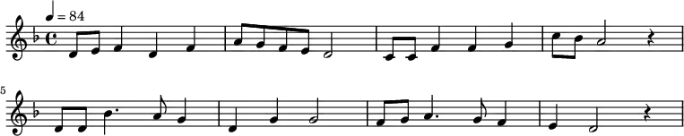 
{
   <<
   \relative c' {
      \key d \minor
      \time 4/4
      \tempo 4 = 84
      \set Staff.midiInstrument = "trombone"
      \transposition c'
         d8   e f4 d  f   a8  g f  e  d2
         c8 c f4 f g  c8 bes a2 r4
        \break
        d,8 d bes'4. a8  g4  d g g2
         f8    g a4. g8  f4 e   d2 r4
      }
%   \addlyrics {
%      }
   >>
}
