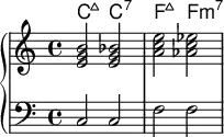 <<
\new ChordNames \chordmode {
c2:maj c2:7 f2:maj f:m7
}
\new PianoStaff << \new Staff \relative c'{
< e g b > < e g bes > <a c e > <aes c ees> }
\new Staff { \clef bass c2 c2 f2 f2 }>>
>>