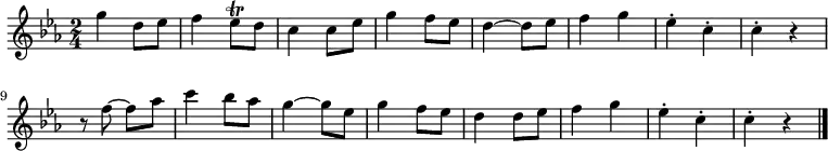 
     \relative c'' {
     \key ees \major
     \time 2/4

     g'4 d8 ees | f4 ees8\trill d | c4 c8 ees | g4 f8 ees | d4 ~ d8 ees | f4 g | ees-. c-. | c-. r |
     r8 f ~ f aes | c4 bes8 aes | g4 ~ g8 ees | g4 f8 ees | d4 d8 ees | f4 g | ees-. c-. | c-. r \bar "|."
}
