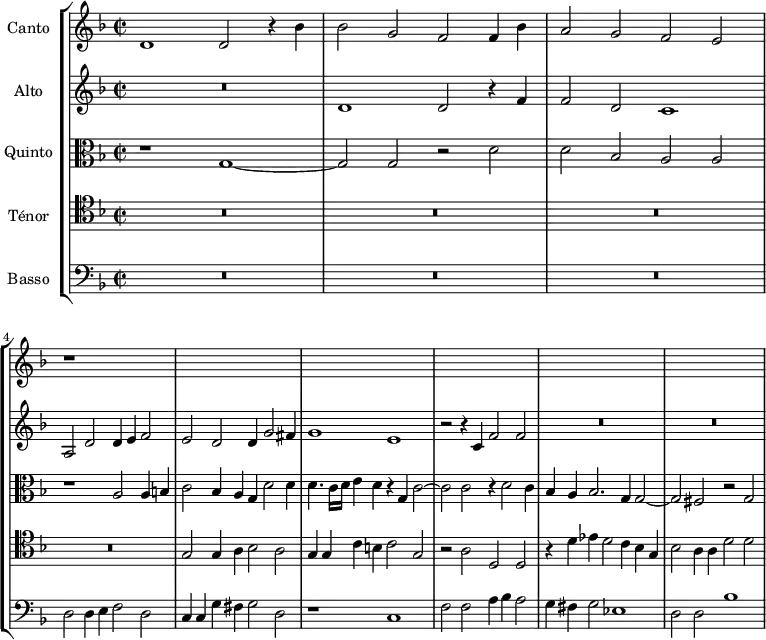 
\version "2.18.2"
\header {
  tagline = ##f
}
global= {
  \time 2/1
\set Staff.timeSignatureFraction = 2/2
  \key f \major
  \tempo 2 = 100
}

Canto = \new Voice \relative c' {
  \set Staff.instrumentName = #"Canto"
  \set Staff.midiInstrument = #"piccolo" %orchestral harp"
 
    d1 d2 r4 bes'4 | bes2 g f f4 bes a2 g f e r1*12
  
    % \addlyrics { Tir- si mor- ir vo- le- a   } % 
   
}

Alto = \new Voice \relative c' {
  \set Staff.instrumentName = #"Alto"
  \clef treble
  \set Staff.midiInstrument = #"recorder"
 
  R1*2 d1 d2 r4 f4 | f2 d c1 a2 d d4 e f2 e d d4 g2 fis4 g1 e |
  r2 r4 c4 f2 f R1*4

}

Quinto = \new Voice \relative c' {
  \set Staff.instrumentName = #"Quinto"
  \clef alto
  \set Staff.midiInstrument = #"orchestral harp"

  r1 g1~ g2 g r2 d'2 d bes a a | r1 a2 a4 b | c2 bes4 a g d'2 d4 | d4. c16 d e4 d r4 g, c2~ c c r4 d2 c4 | bes a bes2. g4 g2~ | g fis r2 g2

}

Tenor = \new Voice \relative c' {
  \set Staff.instrumentName = #"Ténor"
  \clef tenor
  \set Staff.midiInstrument = #"recorder"

  R1*8 g2 g4 a bes2 a g4 g c b c2 g | r2 a2 d, d r4 d'4 ees d2 c4 bes g | bes2  a4 a d2 d  

}

Basso = \new Voice \relative c {
  \set Staff.instrumentName = #"Basso"
  \clef bass
  \set Staff.midiInstrument = #"dulcimer"

  R1*6 d2 d4 e f2 d | c4 c g' fis g2 d
  r1 c1 f2 f a4 bes a2 | g4 fis g2 ees1 | d2 d bes'1 

}

\score {
  \new StaffGroup <<
    \new Staff << \global \Canto >>
    \new Staff << \global \Alto >>
    \new Staff << \global \Quinto >>
    \new Staff << \global \Tenor >>
    \new Staff << \global \Basso >>
  >>
  \layout {
    #(layout-set-staff-size 18)
    \context {
      \Score
      \remove "Metronome_mark_engraver"
      \override SpacingSpanner.common-shortest-duration = #(ly:make-moment 1/3)
    }
  }
  \midi { }
}
