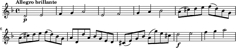 \relative c' {
\version "2.18.2"
\key f \major
\tempo "Allegro brillante"
\time 4/4
d2\p e
f4 g a2
e f
g4 a bes2
a8 (cis) d e f (d) bes g
a (cis) d e f (d) bes g
a d, d' a bes g e d
cis (e) g bes a (g') e cis
d2\f e
f4 g a2
}
