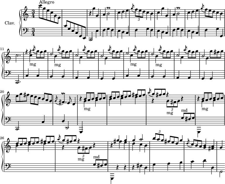 \version "2.18.2"
\header {
tagline = ##f
% composer = "Domenico Scarlatti"
% opus = "K. 515"
% meter = "Allegro"
}
%% les petites notes
trillBesb = { \tag #'print { b2\prall } \tag #'midi { c32 b c b~ b8~ b4 } }
trillFisp = { \tag #'print { fis4.\prall } \tag #'midi { g32 fis g fis~ fis4 } }
upper = \relative c'' {
\clef treble
\key c \major
\time 3/4
\tempo 4 = 186
\set Staff.midiInstrument = #"harpsichord"
\override TupletBracket.bracket-visibility = ##f
s8*0^\markup{Allegro}
c'8 g e c g e | s2. | r4 g'4 g, | a \trillBesb | c4 d e |
% ms. 6
\acciaccatura g8 \times 2/3 { f8 e d } c4 b | c g' g, a \trillBesb | c4 d e | \omit TupletNumber \acciaccatura g8 \times 2/3 { f8 e d } c4 b | c2.
% ms. 12
f4\rest f4\rest \acciaccatura a8 \times 2/3 { g8 f g } | \stemUp d2 \acciaccatura a'8 \stemDown \times 2/3 { g8 f g } | \stemUp c,2 \acciaccatura a'8 \stemDown \times 2/3 { g8 f g } | \stemUp b,2 \acciaccatura a'8 \stemDown \times 2/3 { g8 f g } | \stemUp e2 \acciaccatura a8 \stemDown \times 2/3 { g8 f g } | \stemUp
% ms. 17
d2 \acciaccatura a'8 \stemDown \times 2/3 { g8 f g } | \stemUp c,2 \acciaccatura a'8 \stemDown \times 2/3 { g8 f g } | \stemUp b,2 \stemNeutral \times 2/3 { g'8 fis g } | \times 2/3 { e8 g fis } \times 2/3 { e8 d c } \times 2/3 { b8 a g } \acciaccatura g8 \trillFisp e8 d4 | \stemUp
% ms. 22
\repeat unfold 2 { r4 \times 2/3 { b'8 a b } \times 2/3 { c b c } | \times 2/3 { d c d } \times 2/3 { e d e } \times 2/3 { fis e fis } | \acciaccatura a8 \times 2/3 { g8 fis g } f4\rest \stemUp \change Staff = "lower" \times 2/3 { g,,8^\markup{md} fis g } \change Staff = "upper" } | b'4\rest << { g'4 g g a2 |
% ms. 26
\times 2/3 { b8 a g } } \\ { fis4 | e d c | b } >> \times 2/3 { fis'8 e d } g4 \acciaccatura d8 \times 2/3 { c8 b a } < g b >4 < fis a > | g4
}
lower = \relative c' {
\clef bass
\key c \major
\time 3/4
\set Staff.midiInstrument = #"harpsichord"
\override TupletBracket.bracket-visibility = ##f
% ************************************** \repeat unfold 2 { } \appoggiatura a8 \times 2/3 { } \omit TupletNumber
s2. | c8 g e c g e | c2 e'4 | \repeat unfold 3 { f g f | e d c } |
% ms. 10
f4 g g, | c,2. |
% ms. 12
\repeat unfold 2 { c'4 \stemDown \change Staff = "upper" c''-\markup{mg} \stemUp \change Staff = "lower" c,, | b \stemDown \change Staff = "upper" b''-\markup{mg} \stemUp \change Staff = "lower" b,, | a \stemDown \change Staff = "upper" a'' \stemUp \change Staff = "lower" a,, | g \stemDown \change Staff = "upper" g'' \stemUp \change Staff = "lower" g,, } | c,2 c'4 | d d,2 |
% ms. 22
\repeat unfold 2 { g,4 \stemDown \change Staff = "upper" g'''4-\markup{mg} a | b c d | r4 \times 2/3 { g,8-\markup{mg} fis g } r4 \change Staff = "lower" } |
% ms. 22
g,,,4 r4 r4 | r4 fis''4 d | g a b | c d d, | g,2*1/2
}
thePianoStaff = \new PianoStaff <<
\set PianoStaff.instrumentName = #"Clav."
\new Staff = "upper" \upper
\new Staff = "lower" \lower
>>
\score {
\keepWithTag #'print \thePianoStaff
\layout {
#(layout-set-staff-size 17)
\context {
\Score
\override SpacingSpanner.common-shortest-duration = #(ly:make-moment 1/2)
\remove "Metronome_mark_engraver"
}
}
}
\score {
\keepWithTag #'midi \thePianoStaff
\midi { }
}