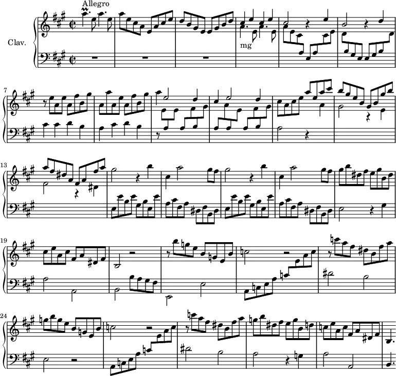 \version "2.18.2"
\header {
tagline = ##f
% composer = "Domenico Scarlatti"
% opus = "K. 320"
% meter = "Allegro"
}
%% les petites notes
trillApUp = { \tag #'print { a'4.\prall } \tag #'midi { b32 a b a~ a4 } }
upper = \relative c'' {
\clef treble
\key a \major
\time 2/2
\tempo 2 = 78
\set Staff.midiInstrument = #"harpsichord"
\override TupletBracket.bracket-visibility = ##f
s8*0^\markup{Allegro}
\trillApUp e8 a4. e8 | a e cis a e a cis e | d b gis e e gis b d | \stemUp \repeat unfold 2 { cis4 e }
% ms. 5
cis2 r4 e4 | b2 r4 d4 | \stemNeutral r8 e8 a, e' a, fis' b, gis' | a, a' a, e' a, fis' b, gis' |
% ms. 9
a4 \stemUp e2 d4 | cis e2 d4 \stemNeutral | cis8 a cis e \stemUp a e a cis | b gis e b gis b gis' b |
% ms. 13
a8 fis dis a fis a fis' a \stemNeutral | \repeat unfold 2 { gis2 r4 b4 | cis,4 a'2 gis8 fis } |
% ms. 18
gis8 b dis, fis e gis b, dis | cis e a, cis fis, a dis, fis | b,2 r2 | r8 b''8 g e b g e b' |
% ms. 22
c2 r2 | r8 c'8 a fis dis b fis' a | g b g e b g e b' | c2 r2 |
% ms. 26
r8 c'8 a fis dis b fis' a | g b dis, fis e g b, d | c e a, c fis, a dis, fis | b,4.
}
lower = \relative c' {
\clef bass
\key a \major
\time 2/2
\set Staff.midiInstrument = #"harpsichord"
\override TupletBracket.bracket-visibility = ##f
% ************************************** \appoggiatura a16 \repeat unfold 2 { } \times 2/3 { } \omit TupletNumber
R1*3 | \stemDown \change Staff = "upper" s8*0-\markup{mg} \repeat unfold 2 { a'4. e8 } |
% ms. 5
a8 e cis \stemUp \change Staff = "lower" a e a \stemDown \change Staff = "upper" cis e | d \stemUp \change Staff = "lower" b gis e e gis b \stemDown \change Staff = "upper" d \stemNeutral \change Staff = "lower" | cis4 cis d b | a cis d b |
% ms. 9
r8 \stemDown \change Staff = "upper" e8 \stemUp \change Staff = "lower" a, \stemDown \change Staff = "upper" e' \stemUp \change Staff = "lower" a, \stemDown \change Staff = "upper" fis' \stemUp \change Staff = "lower" b, \stemDown \change Staff = "upper" gis' |
% ms. 10
\stemUp \change Staff = "lower" a, \stemDown \change Staff = "upper" a' \stemUp \change Staff = "lower" a, \stemDown \change Staff = "upper" e' \stemUp \change Staff = "lower" a, \stemDown \change Staff = "upper" fis' \stemUp \change Staff = "lower" b, \stemDown \change Staff = "upper" gis' | \change Staff = "lower" a,2 r4 \stemDown \change Staff = "upper" a'4 | gis2 r4 e4 |
% ms. 13
fis2 r4 dis4 | \change Staff = "lower" \repeat unfold 2 { e,8 e' b e gis, b e, e' | a, cis fis, a dis, fis b, dis } |
% ms. 18
e2 r4 gis4 | a2 a, | b b'8 a gis fis | e,2 e' |
% ms. 22
a,8 c e a \stemUp c \stemDown \change Staff = "upper" e a c | \stemNeutral \change Staff = "lower" dis,2 b e, r2 | a,8 c e a \stemUp c \stemDown \change Staff = "upper" e a c | \stemNeutral \change Staff = "lower"
% ms. 26
dis,2 b a r4 g4 | a2 a, | b4.
}
thePianoStaff = \new PianoStaff <<
\set PianoStaff.instrumentName = #"Clav."
\new Staff = "upper" \upper
\new Staff = "lower" \lower
>>
\score {
\keepWithTag #'print \thePianoStaff
\layout {
#(layout-set-staff-size 17)
\context {
\Score
\override SpacingSpanner.common-shortest-duration = #(ly:make-moment 1/2)
\remove "Metronome_mark_engraver"
}
}
}
\score {
\keepWithTag #'midi \thePianoStaff
\midi { }
}