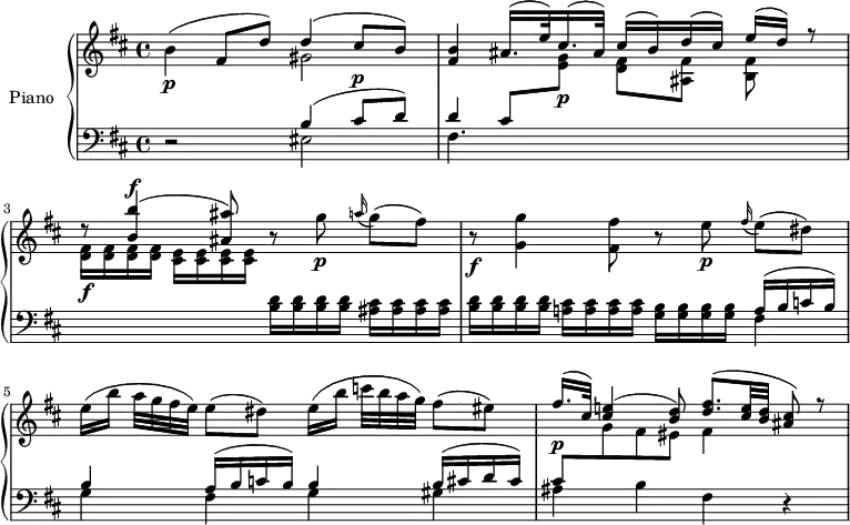 
\version "2.14.2"
\header {
  tagline = ##f
}
upper = \relative c'' {
  \clef treble 
  \key b \minor
  \time 4/4
  \tempo 4 = 44
  \tempo "Adagio"
  %\autoBeamOff

   b4(\p fis8 d') 
   << { d4( cis8 b) } \\ { gis2 } >>
   << { < b fis >4 \stemUp ais16.^( e'32) cis16.^( ais32) cis16^( b) d^( cis) e^( d) r8 } 
   \\ 
      { \change Staff = "lower" \stemUp d,4) cis8  \change Staff = "upper" \stemDown < g' e >8]\p % voix du dessous
   \stemDown < fis d >[  < fis ais, >] < fis b, >  } 
   >>
   \stemUp r8 < b' b, >4^\f^( < ais ais, >8) r8
   \stemDown g8\p \grace a16( g8)[^( fis)] 
   r8\f <g g, >4 < fis fis, >8 r8 \stemDown e8\p \grace fis16(e8)[^( dis)]
   e16([ b'] a32 g fis e) e8( dis) e16([ b'] c!32 b a g) fis8( eis) 
   << { fis16.\p( cis32) < e! cis >4( < d b >8) < fis d >8.^( < e cis >32 < d b > < cis ais >8) r8 } 
   \\ 
      { \change Staff = "lower" \stemUp cis,8 \change Staff = "upper" \stemDown g'8 fis eis fis4 } % voix du dessous
   >>
   
}

lower = \relative c {
  \clef bass
  \key b \minor
  \time 4/4
    
   r2 << { b'4( cis8^\p d) } \\ { eis,2 } >>
   fis4. 
   s2 s8 % la voix est au dessus
   \change Staff = "upper" \stemDown
   < fis' d >16\f \repeat unfold 3 { < fis d >16 }
   \repeat unfold 4 { < e cis >16 }
   \change Staff = "lower"
   \repeat unfold 4 { < d b >16 }
   \repeat unfold 4 { < cis ais >16 }
   \repeat unfold 4 { < d b >16 }
   < cis a! >16 \repeat unfold 3 { < cis a >16 }
   \repeat unfold 4 { < b g >16 }
   \repeat unfold 2 { << { a16^( b c b) b4 } \\ { fis4 g } >> }
   << { b16^( cis d cis) } \\ { gis4 } >>
   ais4 b fis r4
   
} 

\score {
  \new PianoStaff <<
    \set PianoStaff.instrumentName = #"Piano"
    \new Staff = "upper" \upper
    \new Staff = "lower" \lower
  >>
  \layout {
    \context {
      \Score
      \remove "Metronome_mark_engraver"
    }
  }
  \midi { }
}
