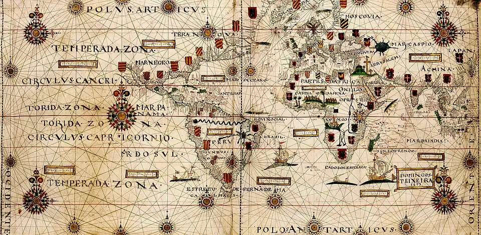 Schéma de construction des lignes de rumb avec deux hexadécagones dans le planisphère de Texeira