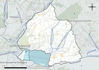 Carte en couleur présentant le réseau hydrographique de la commune