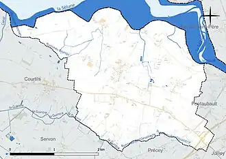 Carte en couleur présentant le réseau hydrographique de la commune