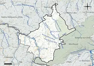 Carte en couleur présentant le réseau hydrographique de la commune
