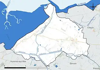 Carte en couleur présentant le réseau hydrographique de la commune
