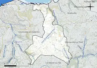 Carte en couleur présentant le réseau hydrographique de la commune