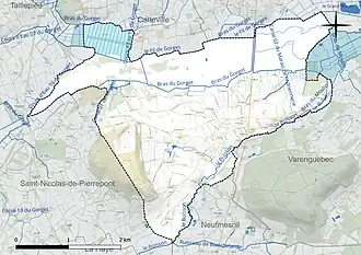 Carte en couleur présentant le réseau hydrographique de la commune