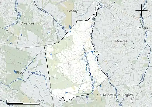Carte en couleur présentant le réseau hydrographique de la commune