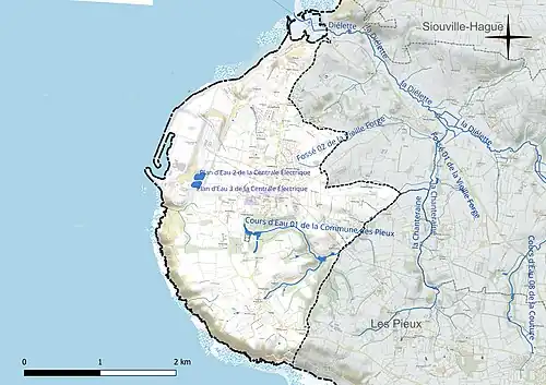 Carte en couleur présentant le réseau hydrographique de la commune