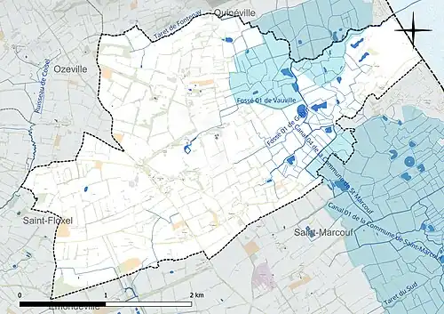 Carte en couleur présentant le réseau hydrographique de la commune