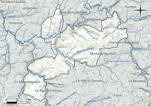 Carte en couleur présentant le réseau hydrographique de la commune