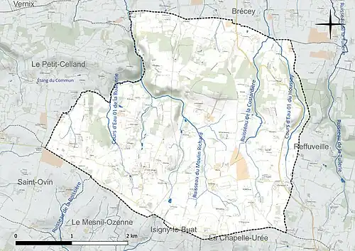 Carte en couleur présentant le réseau hydrographique de la commune