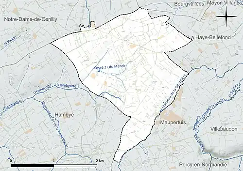 Carte en couleur présentant le réseau hydrographique de la commune