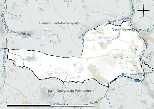 Carte en couleur présentant le réseau hydrographique de la commune
