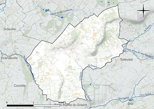 Carte en couleur présentant le réseau hydrographique de la commune