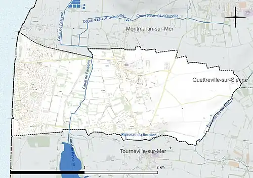 Carte en couleur présentant le réseau hydrographique de la commune