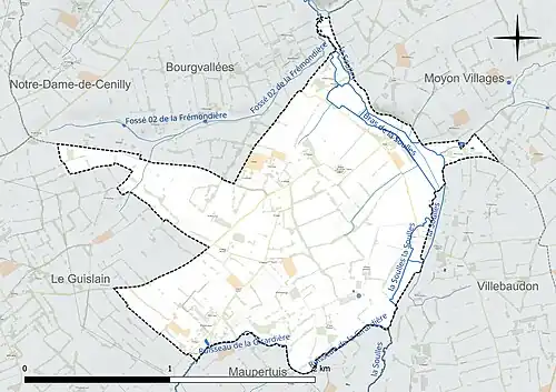 Carte en couleur présentant le réseau hydrographique de la commune
