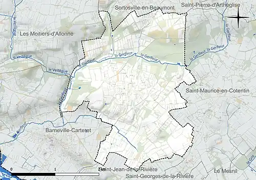 Carte en couleur présentant le réseau hydrographique de la commune