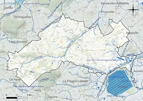 Carte en couleur présentant le réseau hydrographique de la commune