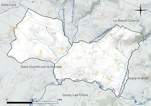 Carte en couleur présentant le réseau hydrographique de la commune