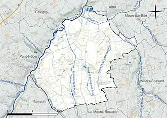 Carte en couleur présentant le réseau hydrographique de la commune