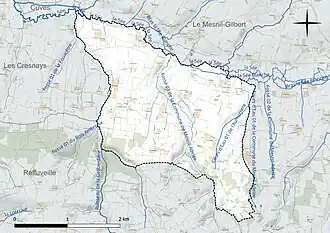 Carte en couleur présentant le réseau hydrographique de la commune