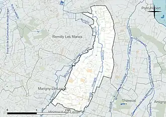 Carte en couleur présentant le réseau hydrographique de la commune