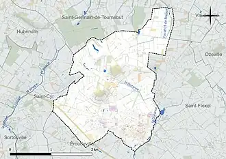 Carte en couleur présentant le réseau hydrographique de la commune