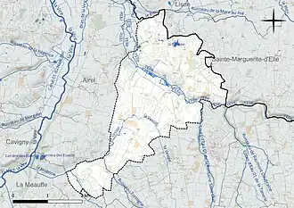 Carte en couleur présentant le réseau hydrographique de la commune