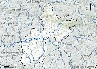 Carte en couleur présentant le réseau hydrographique de la commune