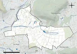Carte en couleur présentant le réseau hydrographique de la commune