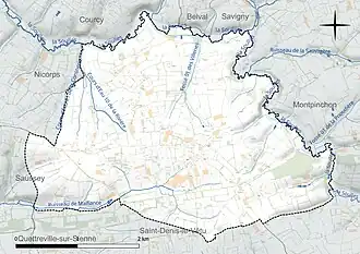 Carte en couleur présentant le réseau hydrographique de la commune