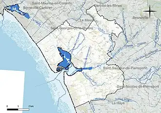Carte en couleur présentant le réseau hydrographique de la commune