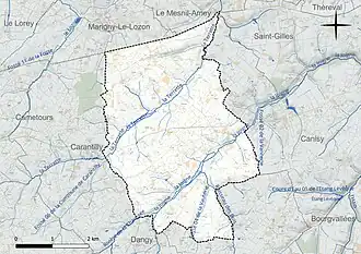 Carte en couleur présentant le réseau hydrographique de la commune