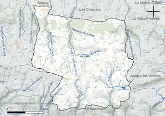 Carte en couleur présentant le réseau hydrographique de la commune