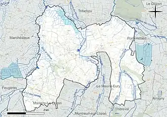 Carte en couleur présentant le réseau hydrographique de la commune